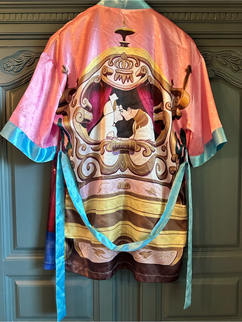 Womens Cinderella Satin Kimono-Style Top with Princess Carriage Print